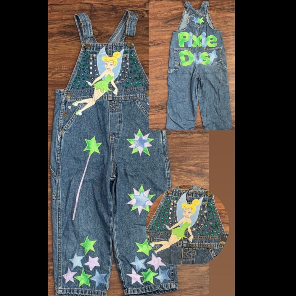 VINTAGE TINKERBELL Faded Glory Denim Overalls Blue Green Stitching - custom